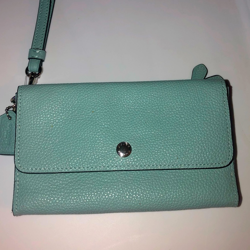 Teal coach wristlet/clutch